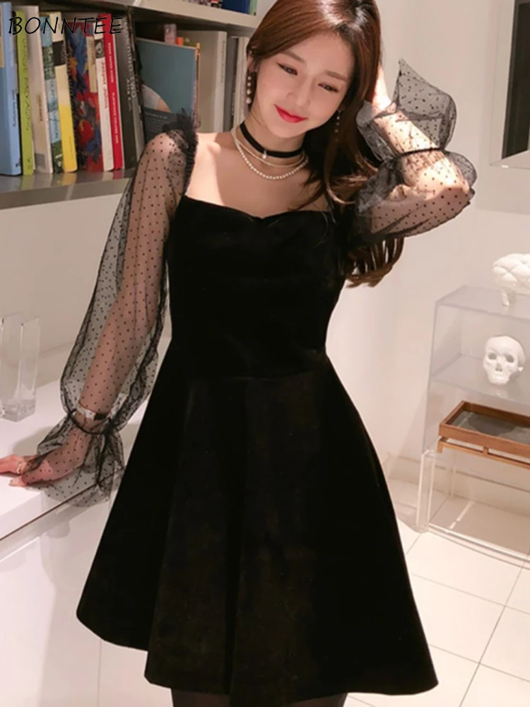 Мини-платья женские винтажные с квадратным воротником в горошек сетчатые