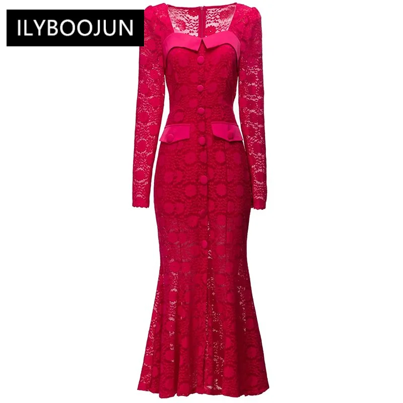 

Женское кружевное платье-русалка, элегантное ажурное платье с квадратным вырезом и длинным рукавом, Осеннее облегающее платье для ягодиц