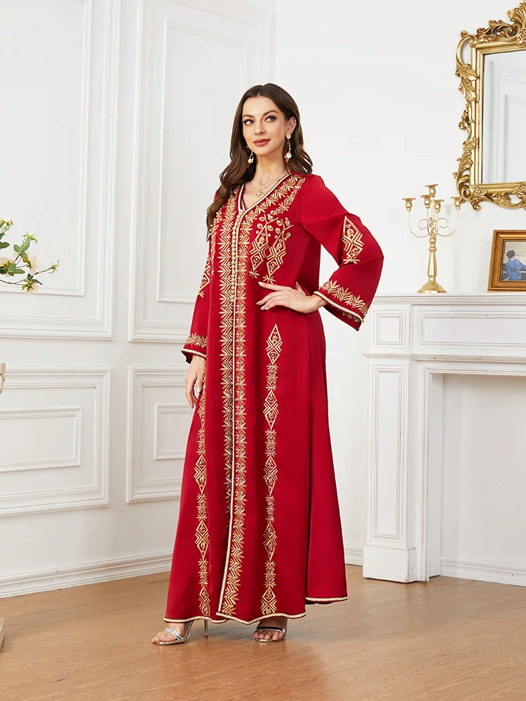 Red Kaftan Wedding Morocco Caftan Dubai Turkey Ramadan Women Long Dress Elegant Beads Dress with Belt Fashion Female Clothing