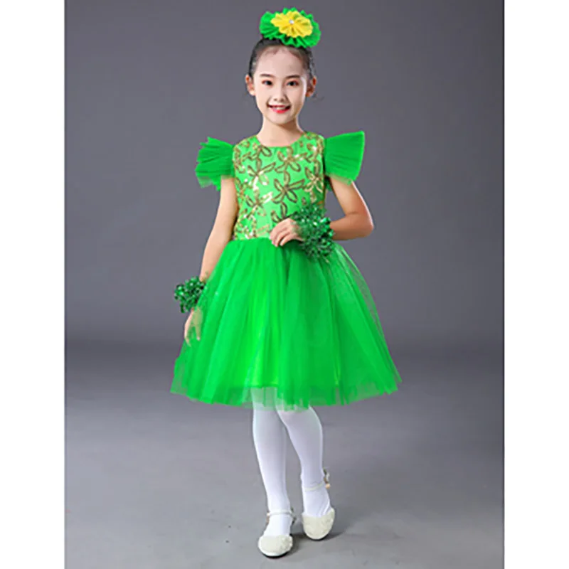 

Children's Show Dress Girl Princess Skirt Pengpeng Gauze Skirt Green Grass Flowers Blossoming Like The Sun Dance Dress Show