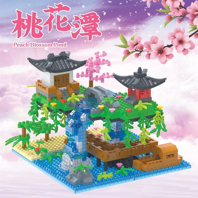 

Peach Blossom Waterfall Diamond Building Block Architecture DIY Garden Temple Pavilion Island Tree House Bricks For Adults Gifts