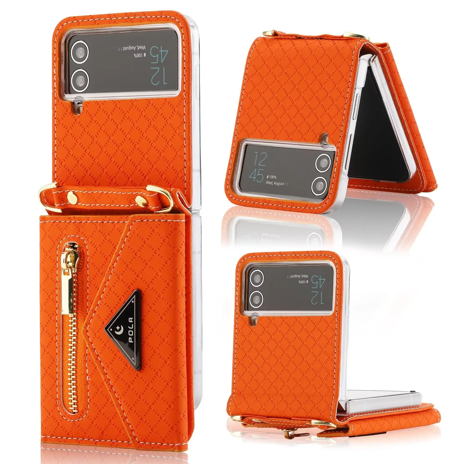 Original POLA Elegant Leather Full Hinge Cover for Samsung Galaxy Z Flip 4 3 Flip4 Shoulder Strap Backpack Zipper Card Slot Case