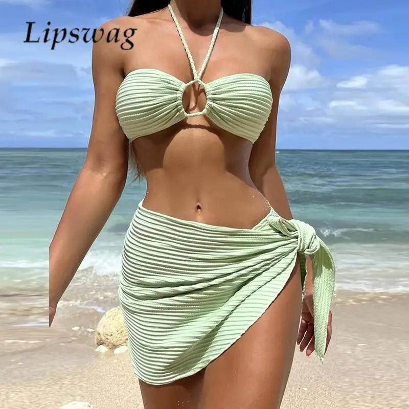 

Three-piece Women Swimsuit Halter Lace-up Bra and Thong and Cover-up Skirt Fashion Set Summer Stripe Backless Push Up Beachwear