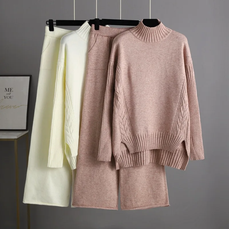 

ladies autumn winter fashion sweater set drape knitted wide-leg pants women's suits