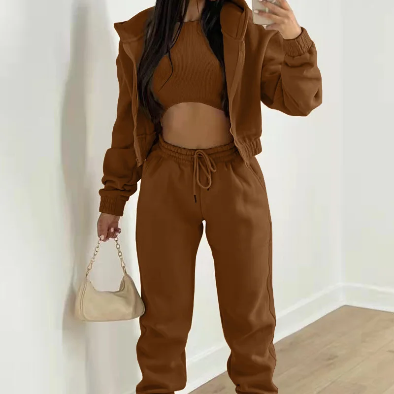 

Winter Solid Three-piece 2022 Women's Fashion Hoodie Plus Fleece Sweater + Vest + Pants Casual Suit New Lady Autumn Sports Suit