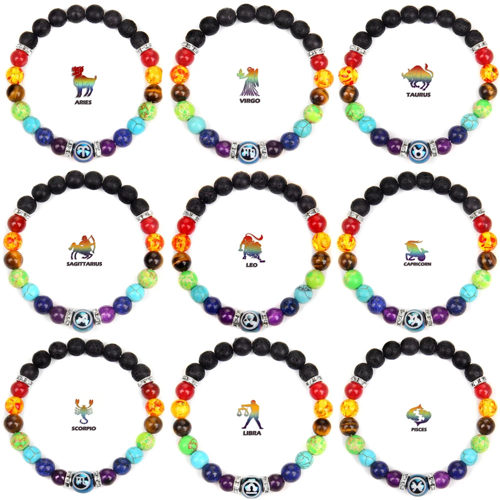 

12 Zodiac Signs Bracelet 7 Chakra Lava Constellation Yoga Bangles For Women Men Libra Leo Aries Friendship Bracelet Jewelry