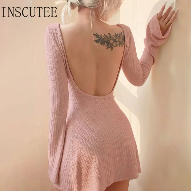 

INSCUTEE Vintage Elegant Pink Dress Women Sweet Cute Long Sleeve Backless A-line Dress Y2k E-girl Pastel Goth Partywear Female