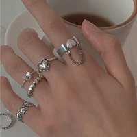 korea punk love heart ring set 5pcs personality temperament zircon silver color geometric rings for women fashion goth jewelry