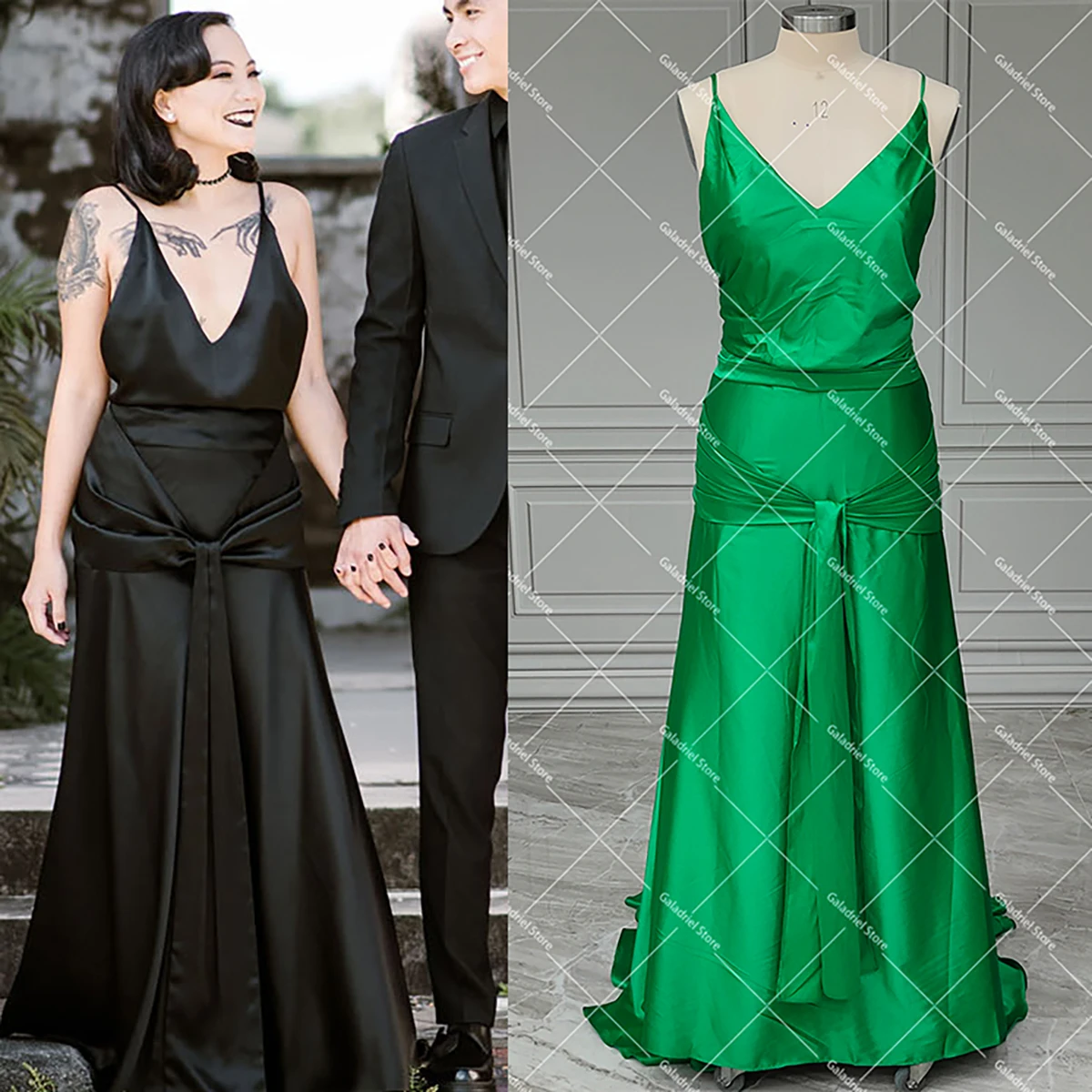 

Женское атласное платье с V-образным вырезом и открытой спиной