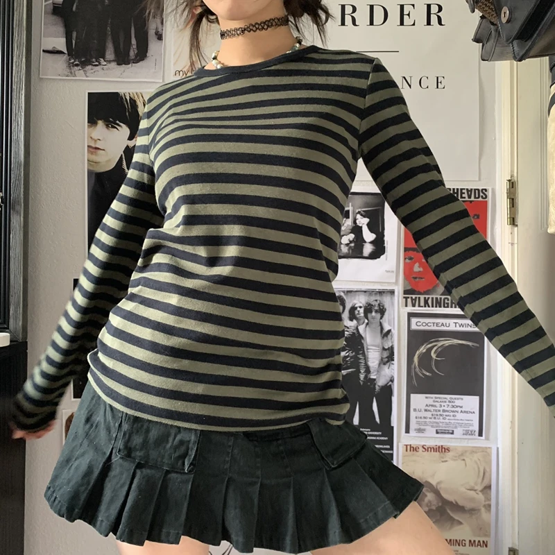 

Vintage Striped T-shirt Y2K Aesthetic Grunge Long Sleeve Harajuku Tee Shirt Women 2000s Girls Sweet Cute Pullovers Top