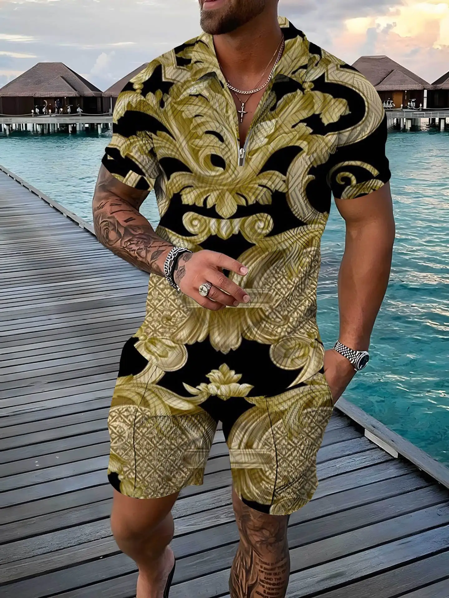 New Men's Polo Suit Summer Fashion Men Sets Printed Short Sleeve Zipper Polo Shirt&Shorts 2-piece Set for Men Casual Streetwear