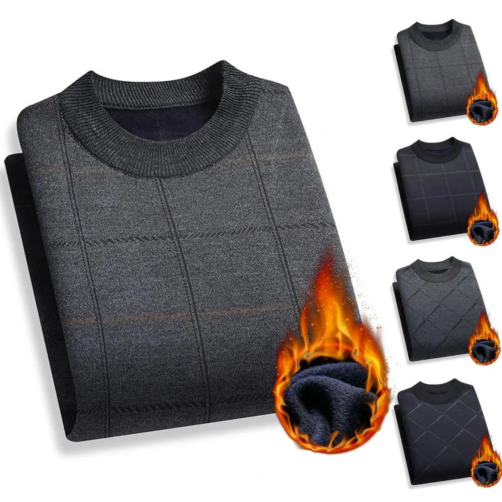 Мужской свитер с круглым вырезом длинным рукавом флисовой подкладкой и