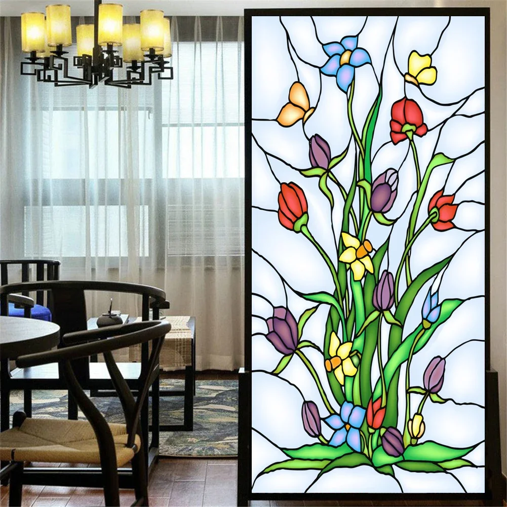 Static Cling Privacy Windows Film Orchid Grass Stained Glass Window Stickers Decorative Frosted Films