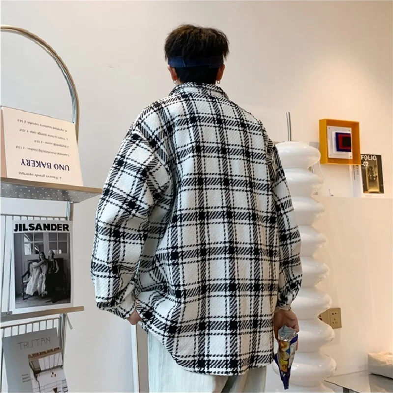 Men's Fashion Plaid Shirt Spring and Autumn Korean Version Loose Casual Shirt Jacket Ins  Men Long Sleeve Button Shirt
