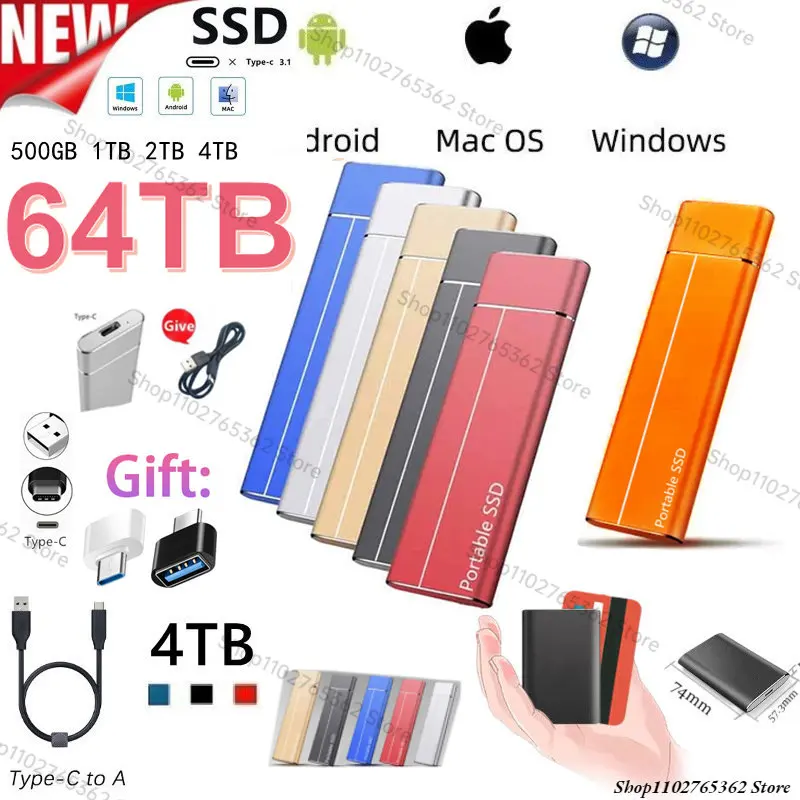 

Portable SSD 64TB High Speed 2TB 4TB 8TB 16TB 32TB External Hard Drive Type-C SSD USB3.1 External Storage Hard Disks For Laptops