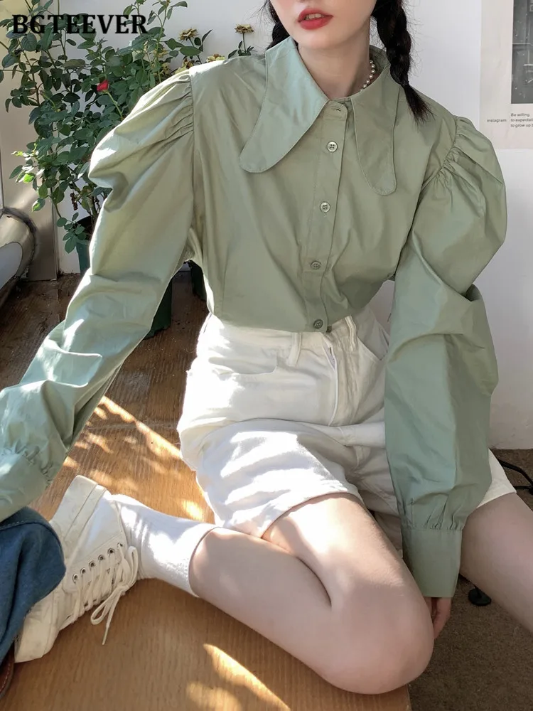 

BGTEEVER Stylish Lapel Solid Women Shirts Tops Autumn Puff Sleeve Loose Single-breasted Female Blouses Ladies Blusas