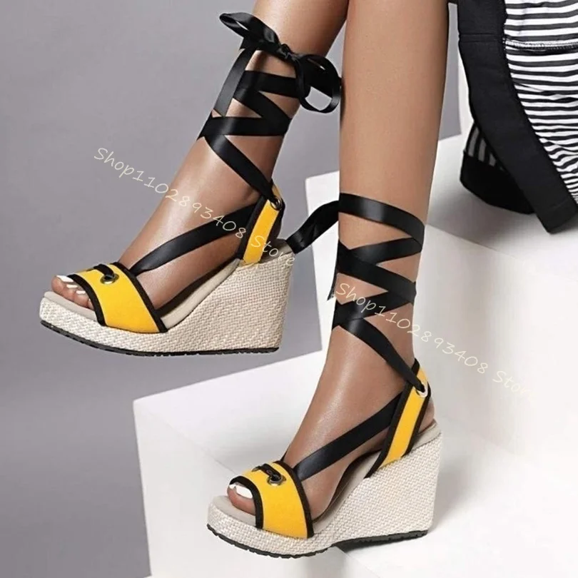 

Wedges Heel Silk Ankle Strap Sandals Knit Platform Open Toe New Fashion Women Summer Outfit Dress Shoes 2023 Zapatos Para Mujere