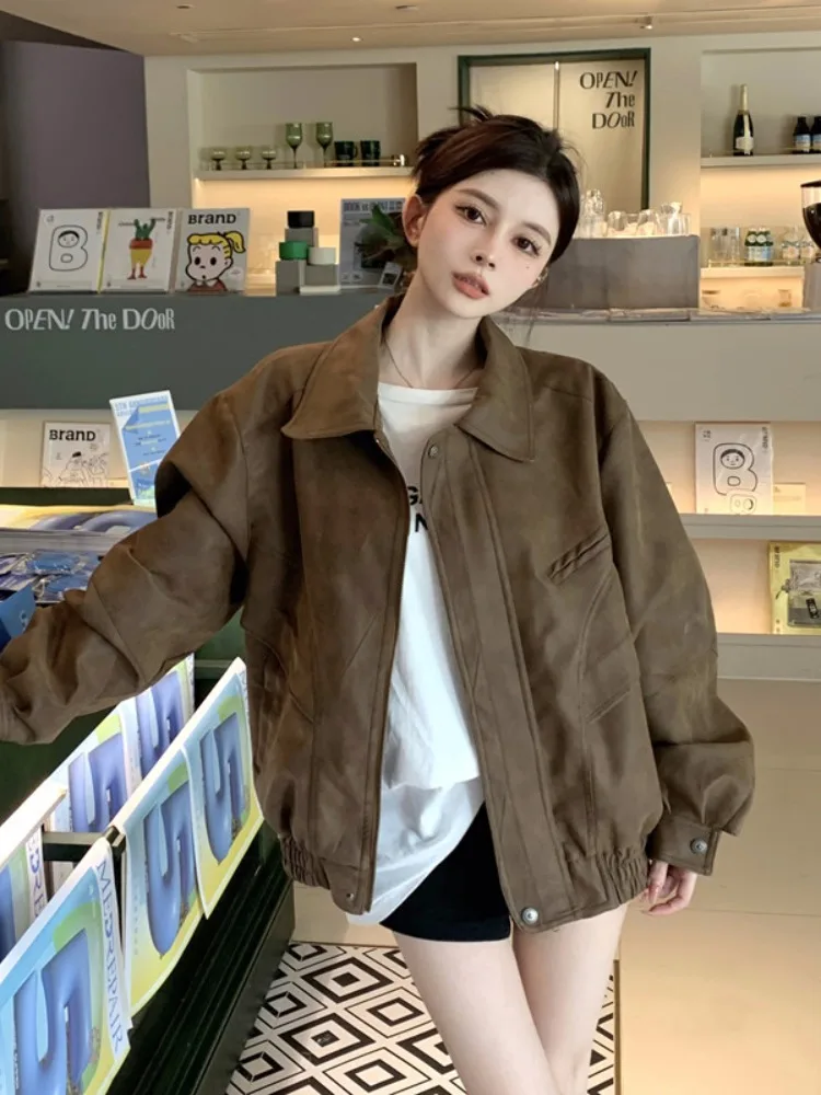 Американская винтажная коричневая верхняя одежда с лацканами женская осенняя