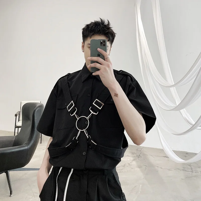 

oversized blouse man pink color vintage casual shirts Iron ring ribbons design men women hip hop punk shirt techwear long sleeve