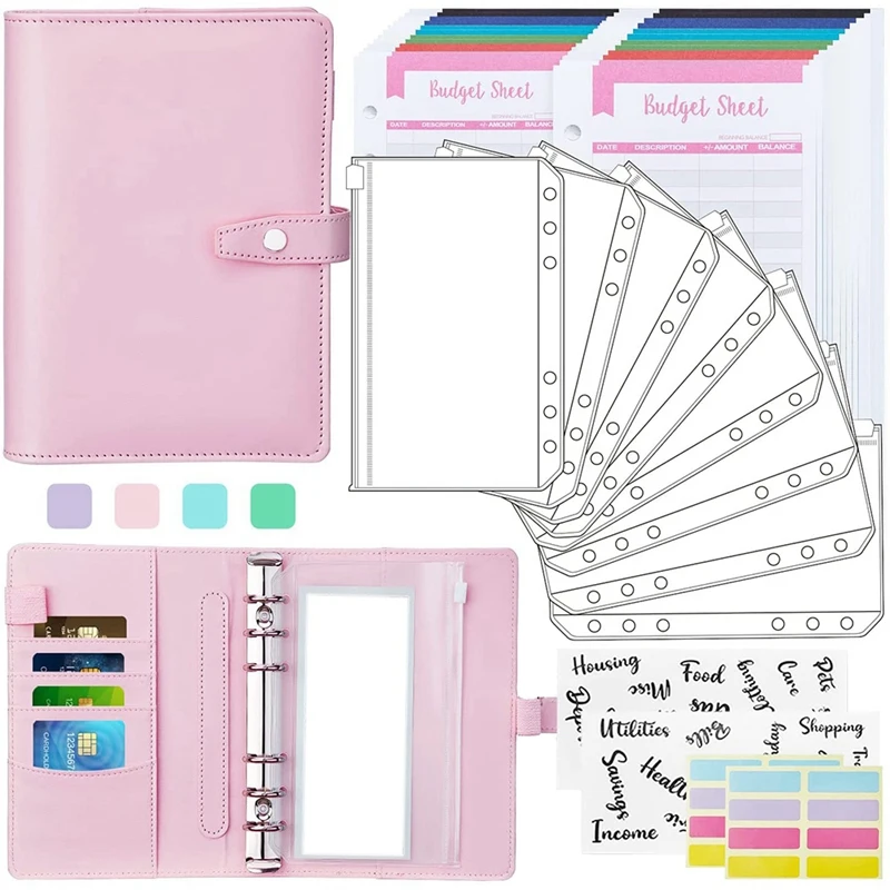 Budget Binder,Cash Envelopes For Budgeting, A6 PU Binder With Zipper Envelopes, Snap Button, Expense Trackers,For Cash