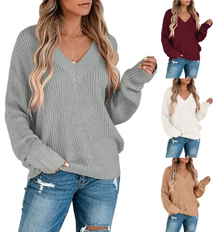 Купи 2022 Sexy Deep V-Neck Knitted Undercoat Solid Sweater Casual Loose Long Sleeve Pullover за 408 рублей в магазине AliExpress