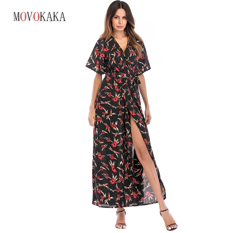 

MOVOKAKA Summer Holiday Printing Long Dress Women Beach Casual Sexy Split Belt V Neck Robe Vestidos Vintage Long Dresses Elegant