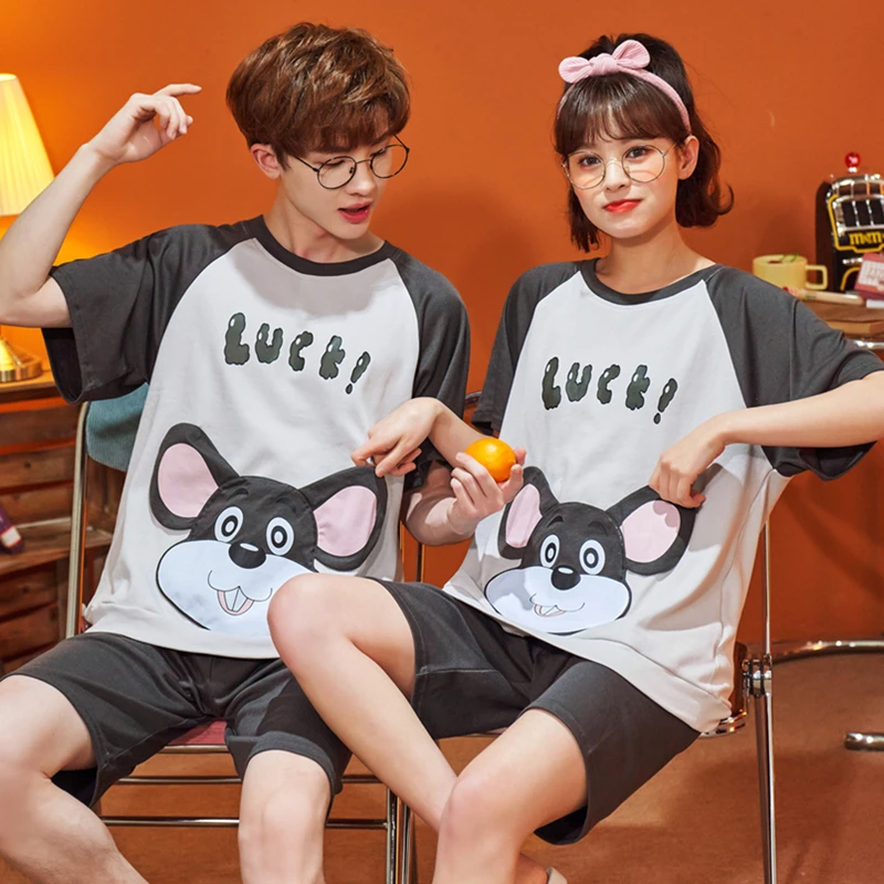 Summer Couple Pajamas Set Cotton Nightwear Sleepwear Women Men Cartoon Mouse Pijama Korean Loose Lover Pyjama Homewear 2PCS