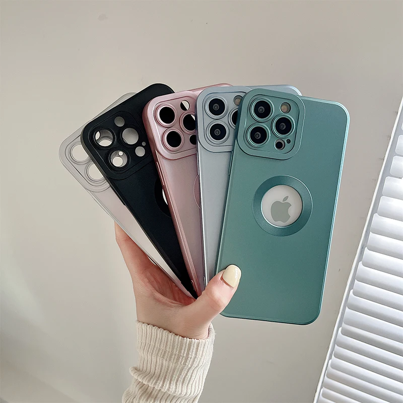 

For iPhone 13 11 12 Pro Max/XR/XS Luxurious Case Metallic Paint Hollow Frosted Solid Color Matte Soft TPU Cover Lens Protection