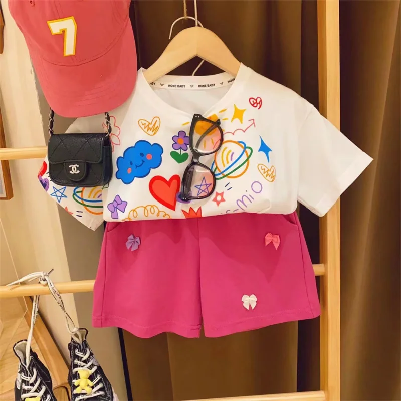 

Girls Clothes 2 To 8 Years New Summer Cartoon Printed Girls' Clothing Set, Short-sleeved T-shirt + Shorts Children's Set