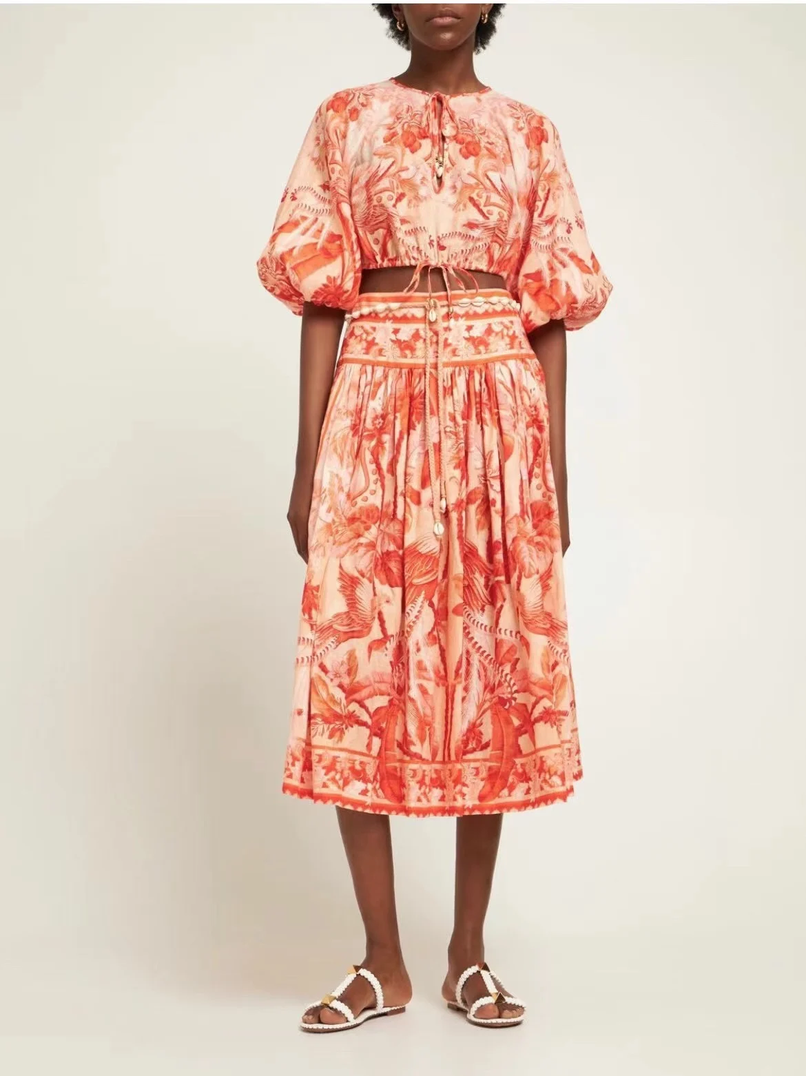 

Женский комплект из топа и юбки, летний комплект из топа и юбки средней длины с регулируемой талией и цветочным принтом в этническом стиле, ...