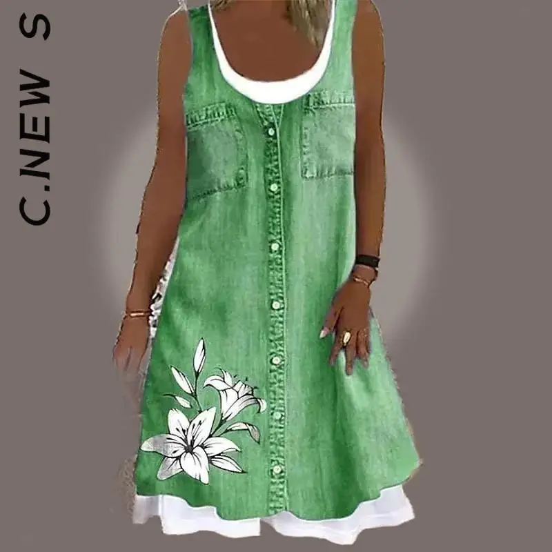 Женское платье до колен с цветочным принтом без рукавов |