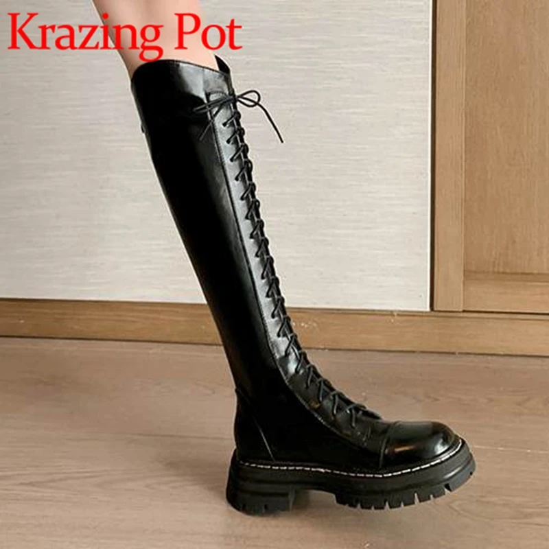 

Krazing Pot Cow Split Leather Round Toe Med Heels Knight Long Boots Waterproof Cross-tied Street Wear Chic Zip Thigh High Boots