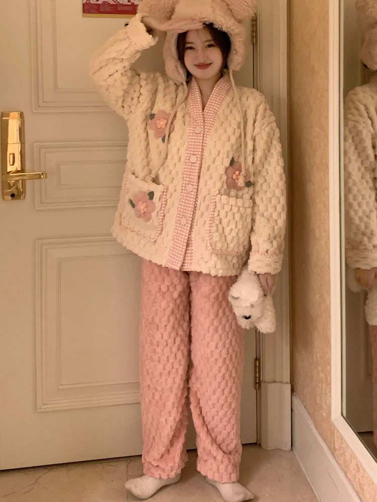 KIMOKOKM Sweet Princess Tracksuit Kawaii V-Neck Full Sleeve Top Coral Fleece Flower Trousers Pajamas Home Girly Two-Piece Suit