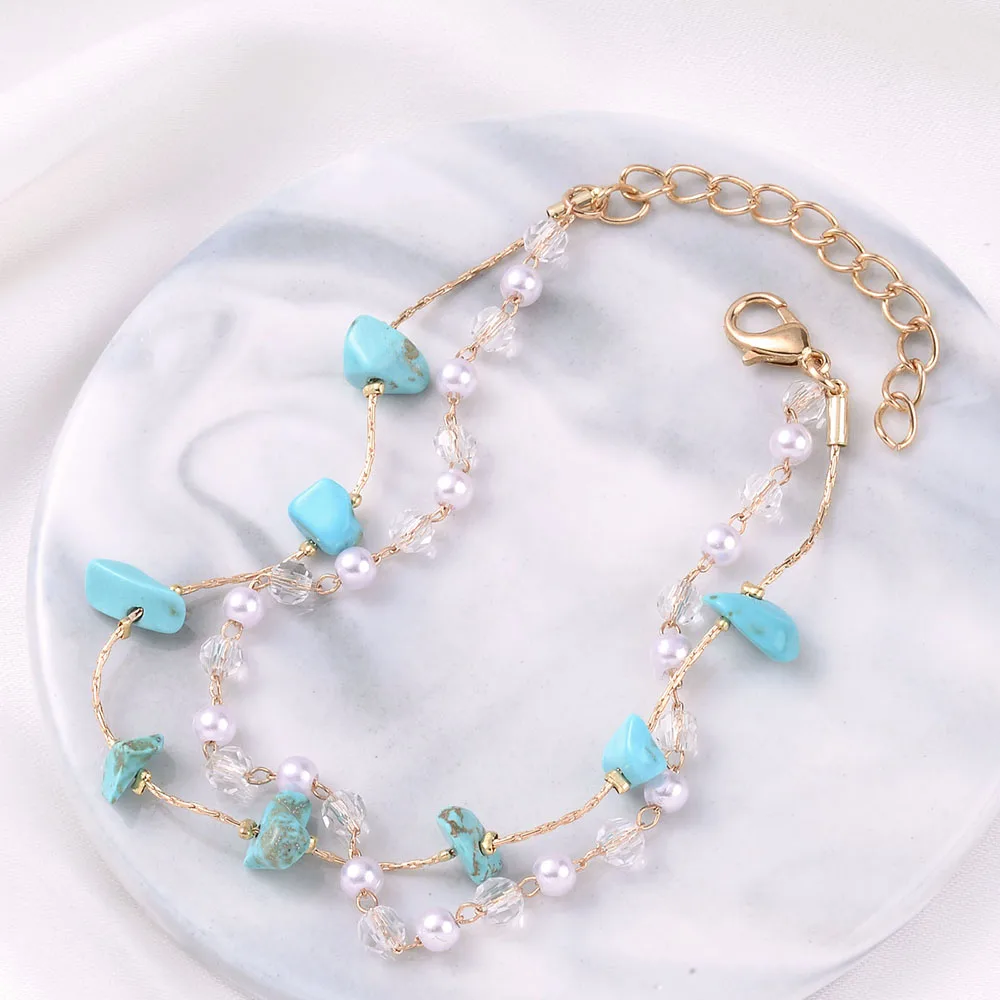 Женский минималистичный браслет с двойной цепочкой бирюзовый жемчужными