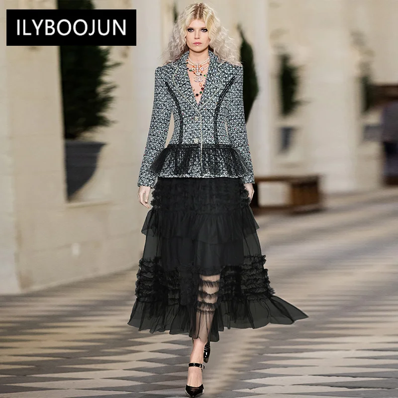 

Brand blazers suits for women elegant stylish Winter Beading Plaid Tweed Jacket + Elastic Waist Ruffles Mesh Skirt Two Piece Set