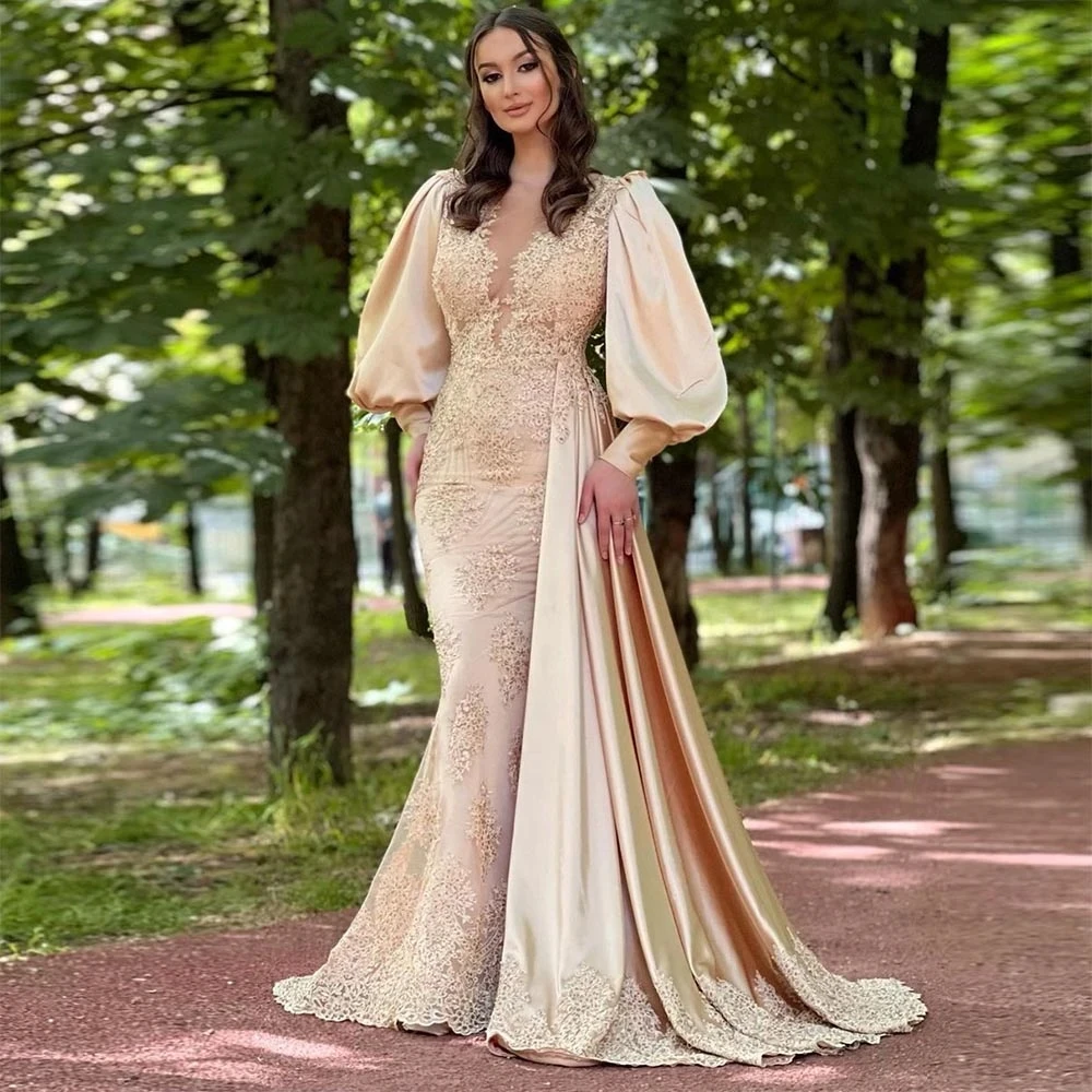 

Islamic Champagne Lace Evening Dresses Puffy Long Sleeves Mermaid Plus Size Prom Gowns Dubai Arabic Wedding Party Robe Soirée