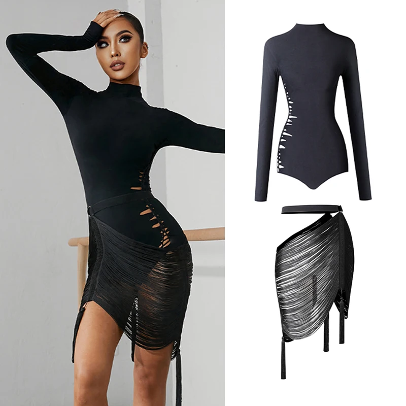 

Black Latin Dance Competition Dress Women Long Sleeves Fringe Dress Cha Cha Rumba Salsa Dance Clothing Latin Tops Skirt DNV17155