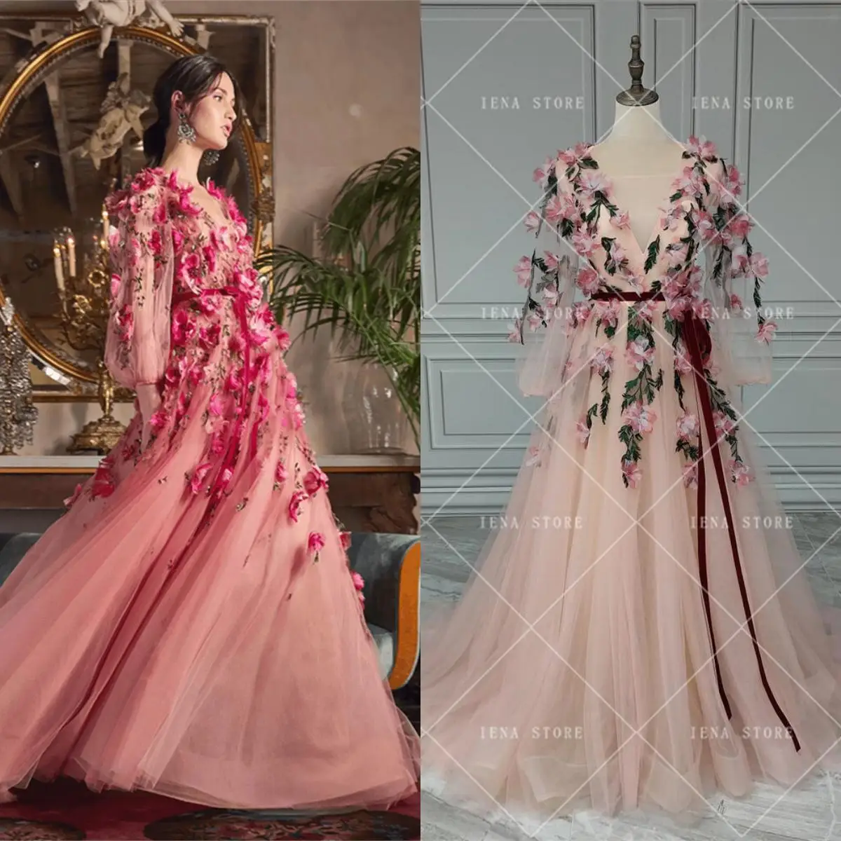 

14252#Rose Pink Prom Dresses 3D Floral Flowers Long Sleeves V Neckline Custom Made Evening Gowns Floor Length Tulle Party Dress