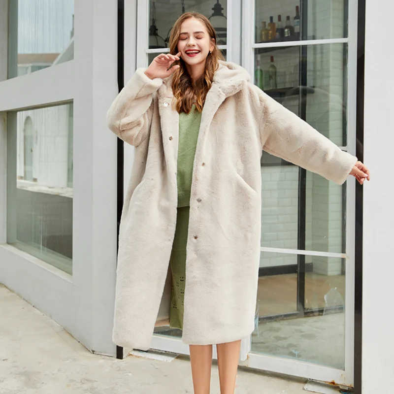 Hooded Faux Fur Coat Women Winter 2022 Casual Loose Long Jacket Female Fur Plush Thick Warm Cotton Lining Outwear Solid Clothes