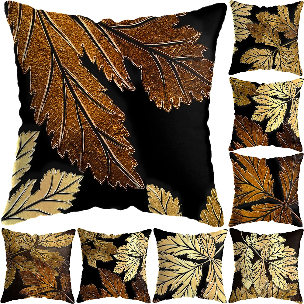 

Black Golden Leaf Decorative Cushion Cover Pillow Pillowcase Short Plush Throw Pillows Home Decor Pillowcover 45*45 cm