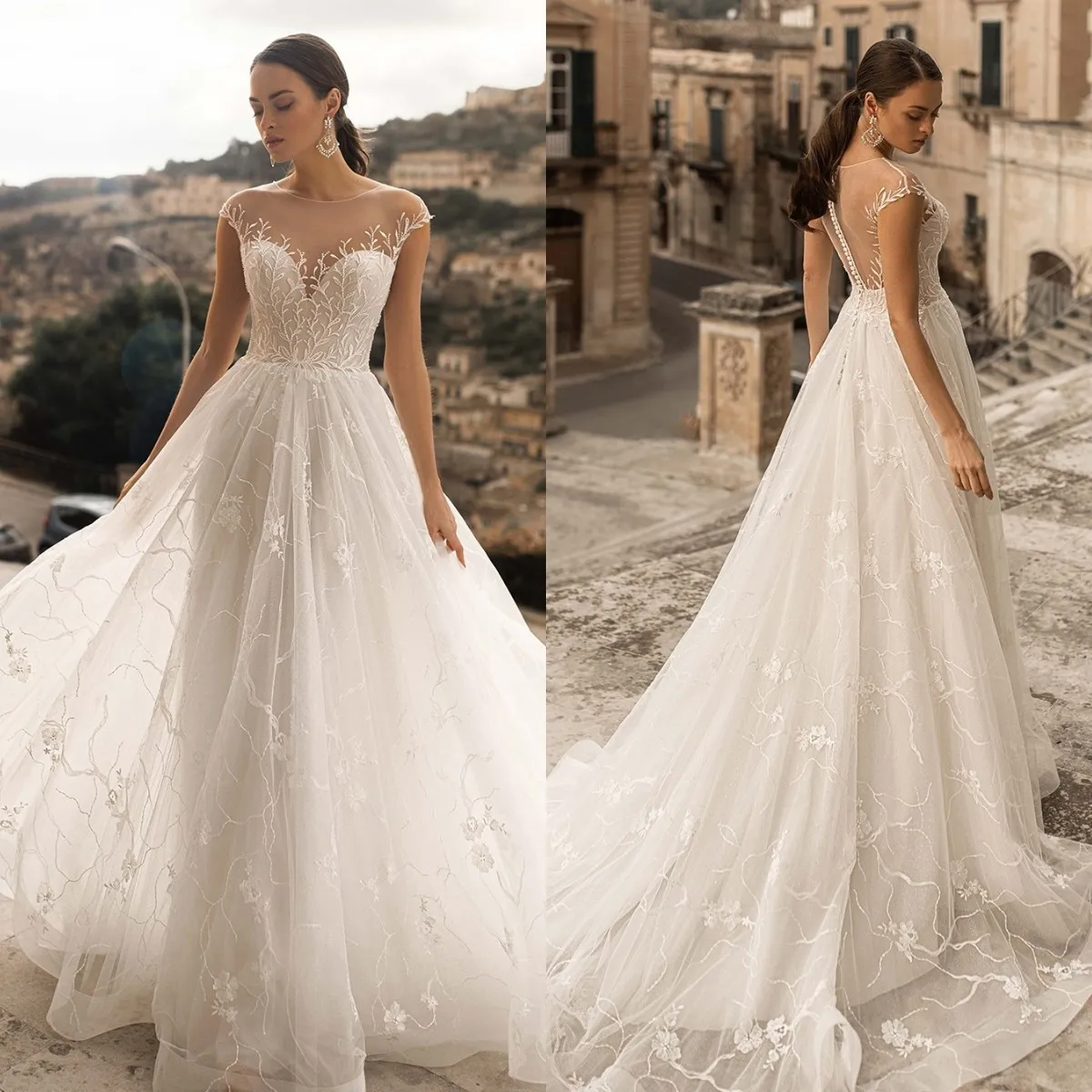 

Romantic A Line Wedding Dresses Sheer Neck Appliqued Beads Bridal Gowns Sexy Sweep Train Summer Ruched Vestidos De Mariee