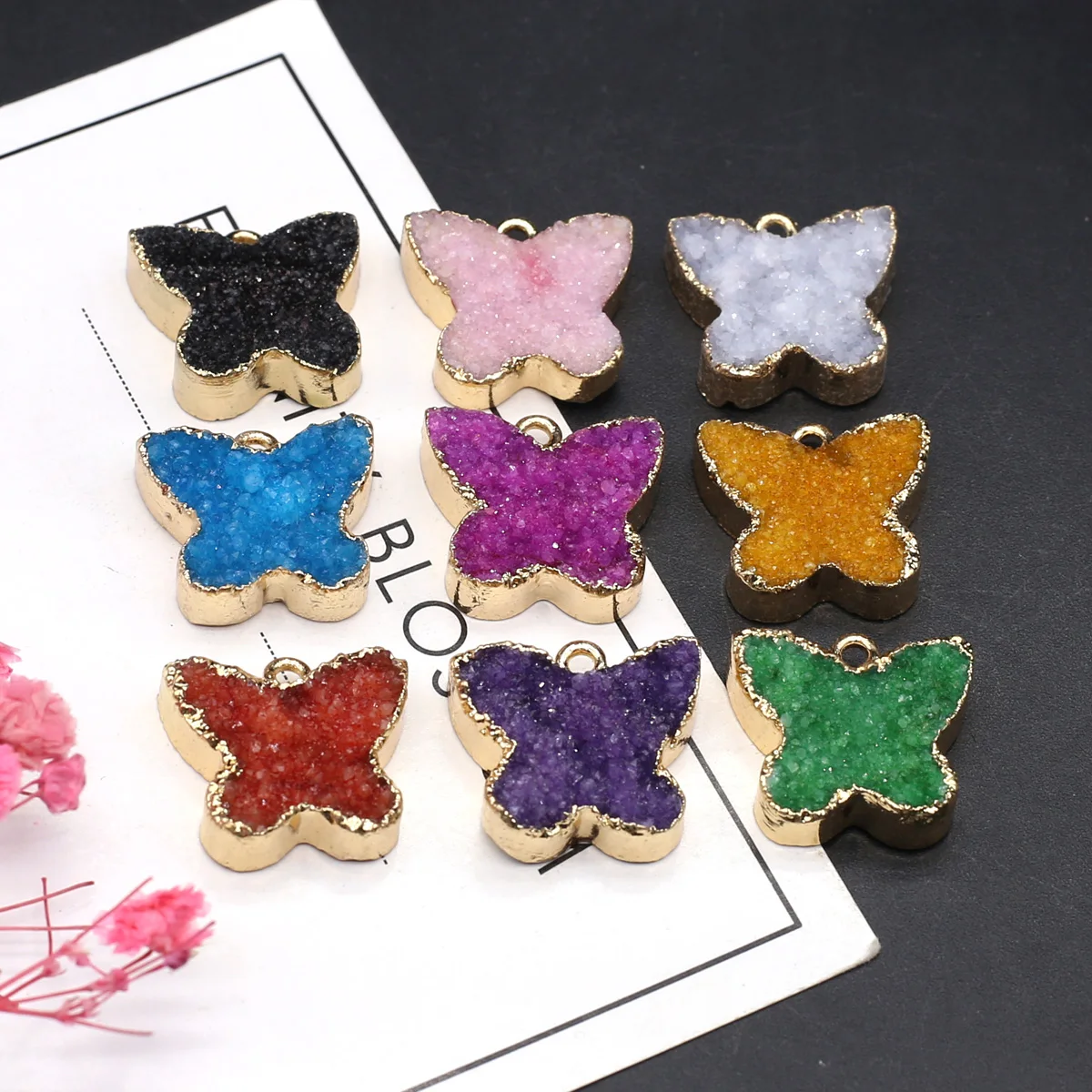 

Natural Stone Druzy Pendants Cute Butterfly Gold Plated Druzy for Jewelry Making Diy Women Trendy Necklace Party Gifts