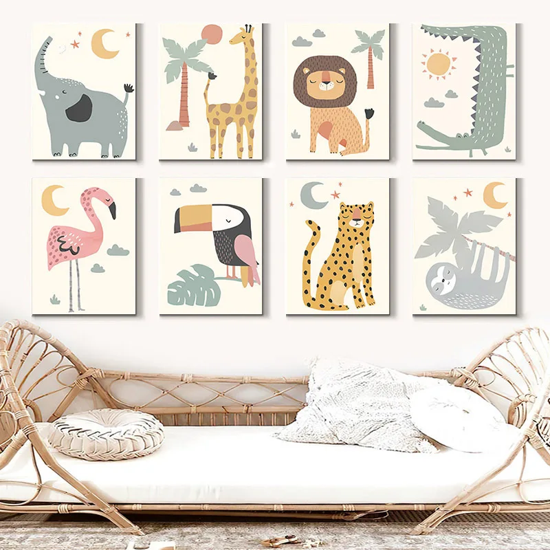 Мультяшные животные джунглей слон жираф Леопард Ленивец Лев художественный