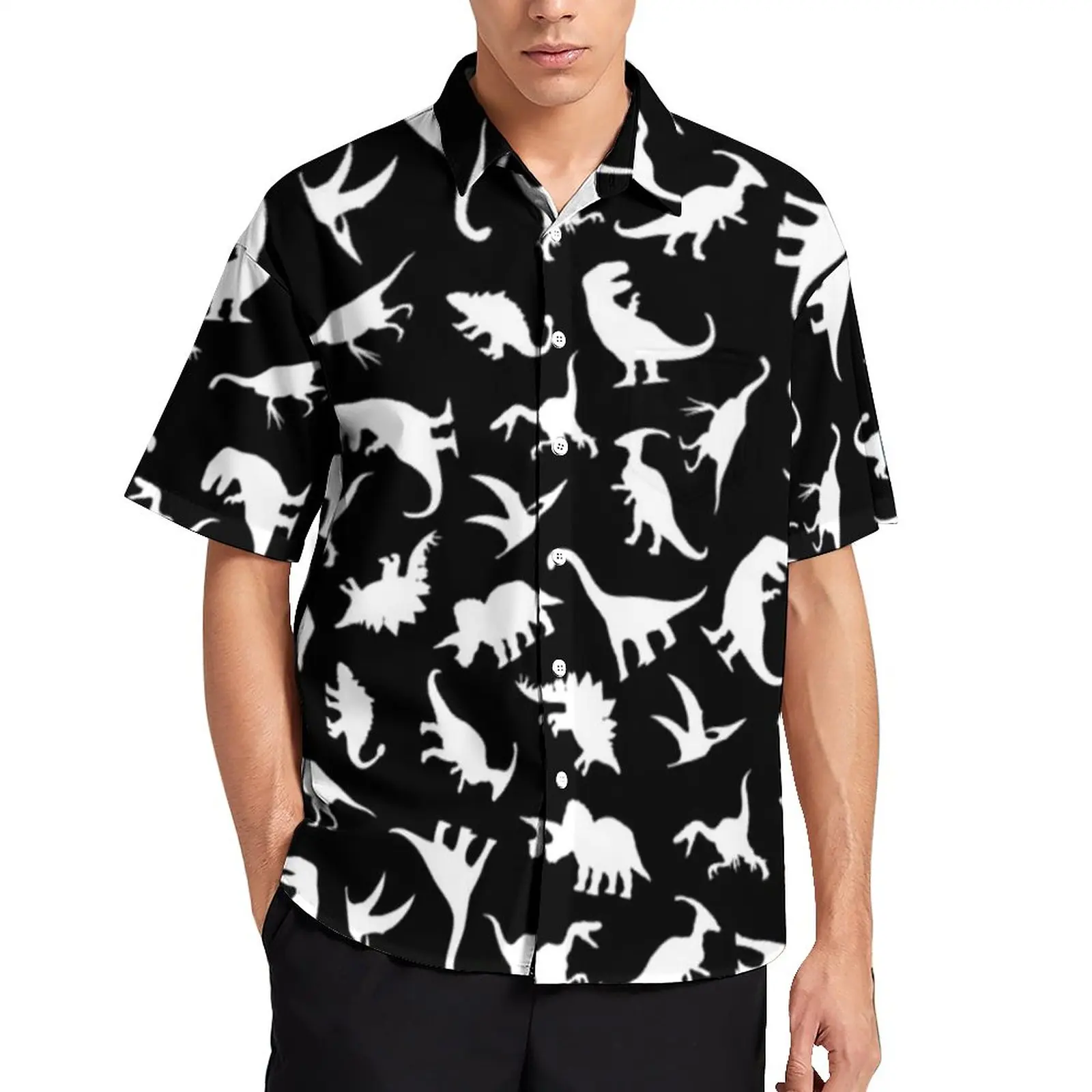 

Забавная Свободная рубашка с рисунком динозавров, Мужская Пляжная белая на черном, милые повседневные рубашки с рисунком динозавра, летняя ...