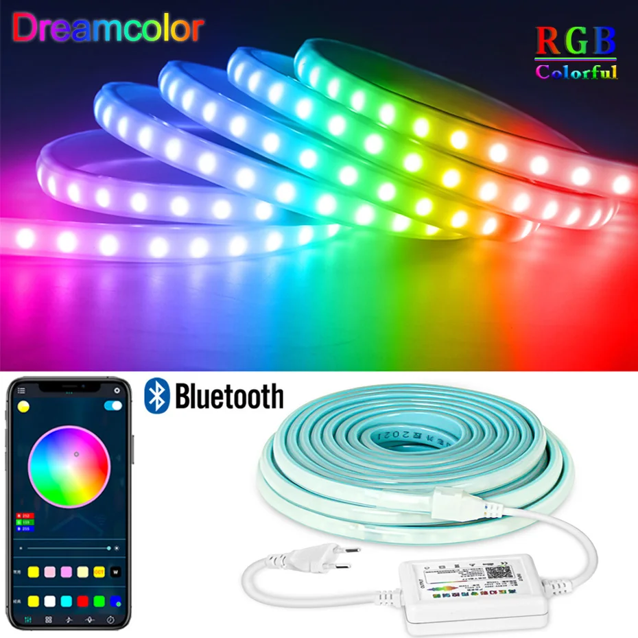 

RGBIC LED Strip Lights 220V 60Leds/M Dream Color Waterproof Flexible Tape With Bluetooth Controller For Outdoor DIY Lighting