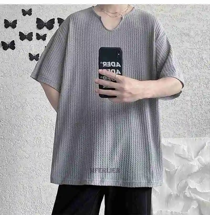 

new arrived summer men waffle plaid tshirt short sleeve v-neck tees plus size 8XL tops casual chic tshirt