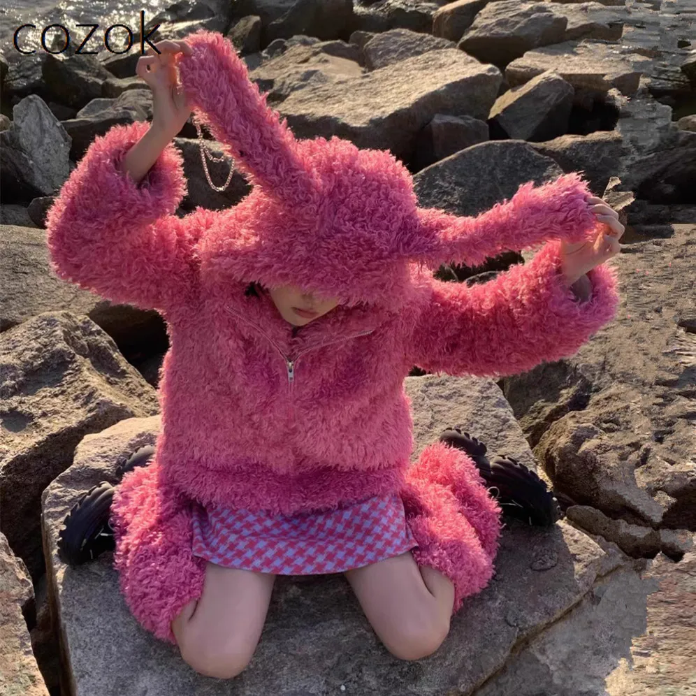 

Lamb Wool Plush Coat Female 2023 Autumn and Winter Punk Design Cute Rabbit Ears Hot Girl Top Sweet Kawaii Girly Style Jackets