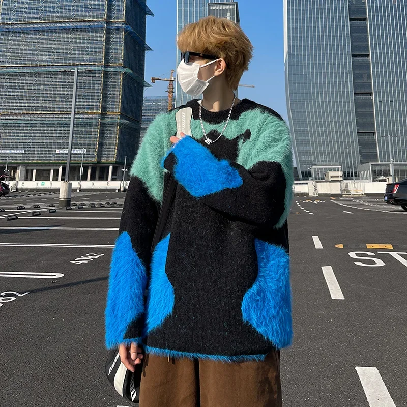 Autumn Winter Men's Faux Fur Color Block Sweater Loose Fit Casual Niche Soft And Supple Round Neck Knitted Top American Style St