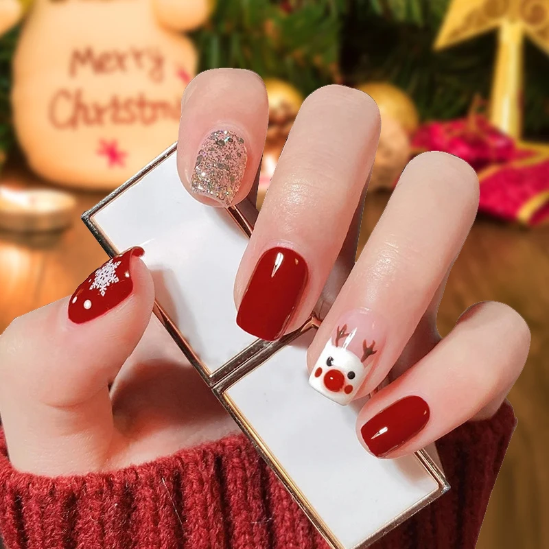 

24pcs Christmas Fake Nails Coffin Full Cover Short Acrylic Press on False Nails Tips Party DIY Designs Nail Art for Women Girls