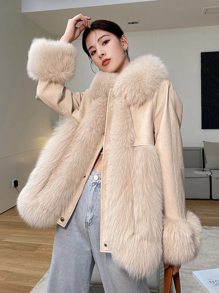 Women Real Fur Coat Autumn Winter Casual Thicken Fox Fur Collar Patchwork Sheepskin Down Cotton Liner Fur Jacket Loose Outerwear